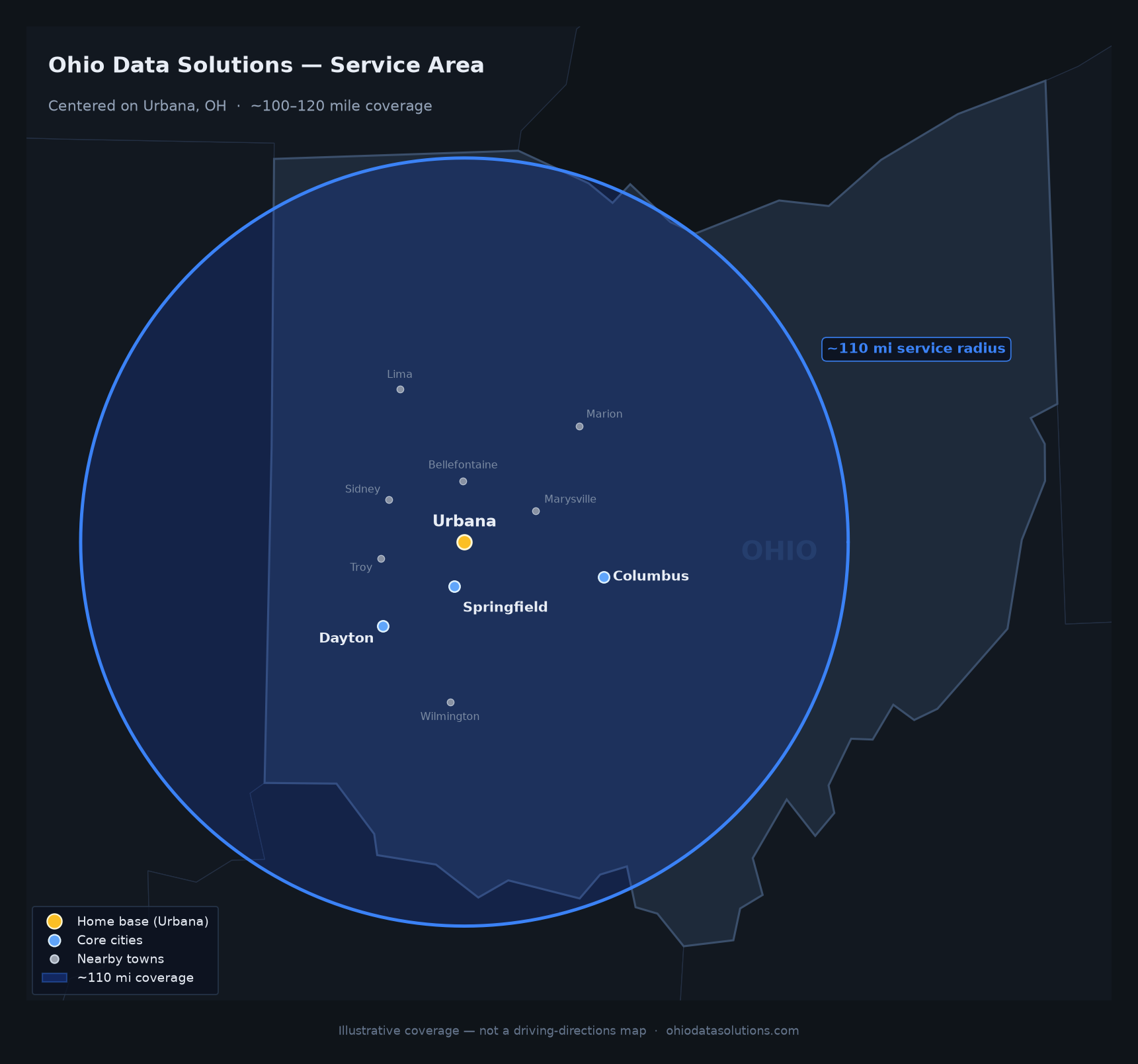 Coverage map: about 110 miles from Urbana, Ohio, including Dayton, Columbus, Springfield, and nearby towns